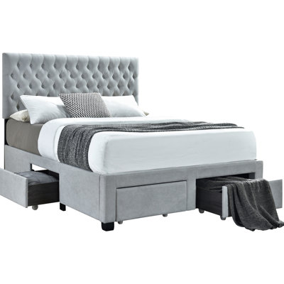 Eastern King Panel Bed With 4 Drawers, Soft Grey Upholstered Fabric, Button- Headboard, And Hardwood Frame Slat Kit For Comfort