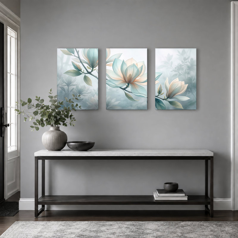 Ensemble de 3 toiles tendres bleu et crème, H 18 po x l 12 po x 3 pièces