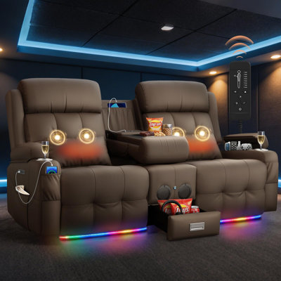 Canapé deux places inclinable électrique Wall Hugger avec console, tissu à texture granuleuse, fauteuil inclinable pour VR, siège de cinéma maison avec chauffage et massage, haut-parleur Bluetooth, lumière DEL, ports USB et de type C, accoudoirs de rangement