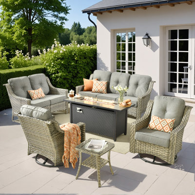 Demariea Outdoor Wicker 7 Person Seating Group With Cushions With Swivel Rocking Chairs And Fire Pit Table