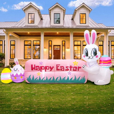 Easter Inflatables Bunny Outdoor Decoration With Happy Easter Banner Built In LED Lights Blow Up Yard Decoration For Lawn Garden Holiday Party