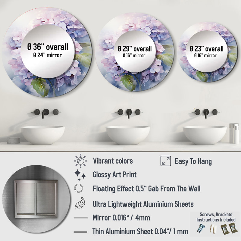 Mauve hortensia Graceful Whispers - miroir mural hortensia, miroir rond rond mauve, impression d'art, 23 po x 23 po