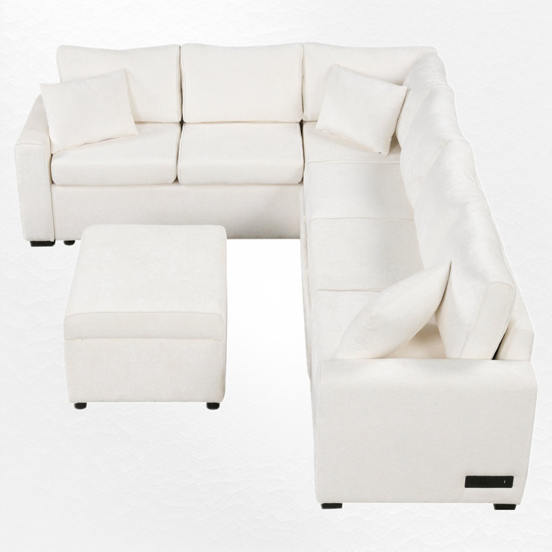 Canapé modulaire 5 pièces avec rangement, Chenille crème