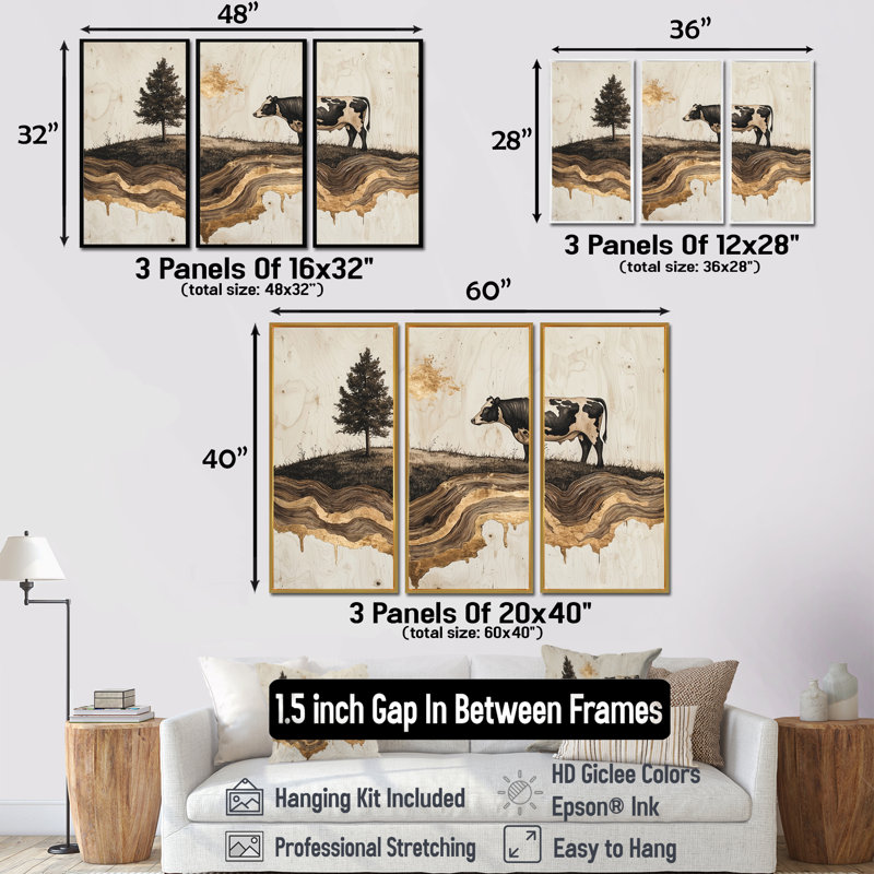 Paysage de ferme d'hiver avec vache dans le champ - Art mural sur toile de ferme - 3 panneaux, H 28 po x l 36 po, Noir