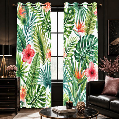 2Pcs Tropical Floral Hibiscus Leaf Print Sun Blocking Curtains, Vibrant Botanical Pattern Grommet, Decorative Light Filtering for Living Room Bedroom for Home Dector