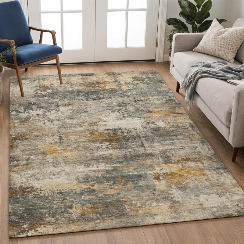 Tapis abstrait lavable à la machine de qualité supérieure Mayfield AMF2368, Kaki, 10 pi x 14 pi