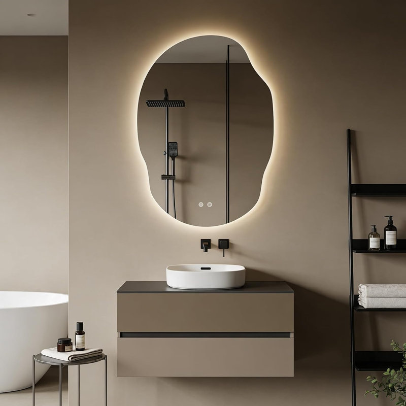 Miroir de salle de bain asymétrique DEL 45 po x 32 po - Miroir de courtoisie rétroéclairé avec antibuée, éclairage à intensité variable en 3 couleurs et fonction mémoire