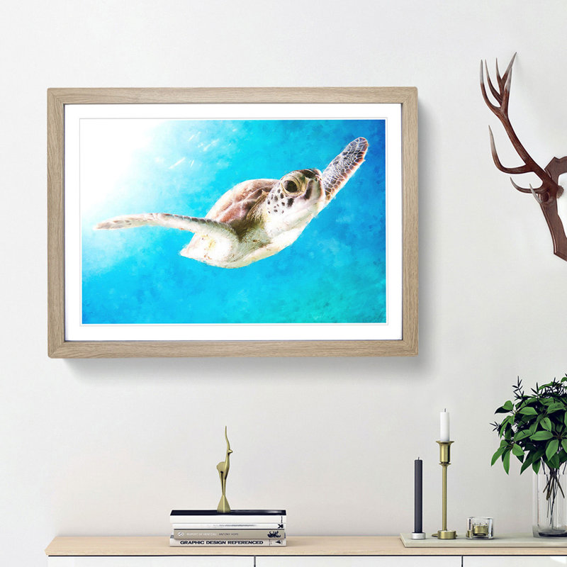 Green Turtle - Picture Frame Graphic Art Print, Oak Framed, 45cm H x 63cm W x 2cm D