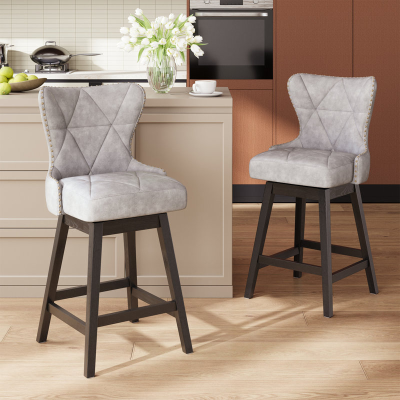 360° Swivel Upholstered Wingback Bar Counter Stool with Diamond Tufted Back, Gray