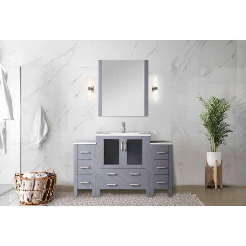 54 po Meuble-lavabo simple gris foncé avec armoires latérales, comptoir en céramique blanche, structure en bois massif, fermeture en douceur, 8 tiroirs et 1 armoire de rangement, plateau de travail, pré-percé