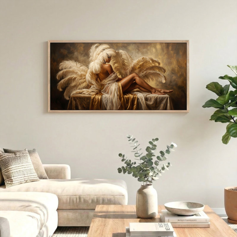 Ensemble de 1 tableau sur toile représentant un ange à plumes, 46“W x 24”H, Naturel