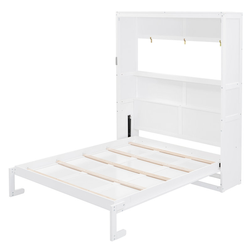 Grand lit escamotable mural avec tablettes, Blanc