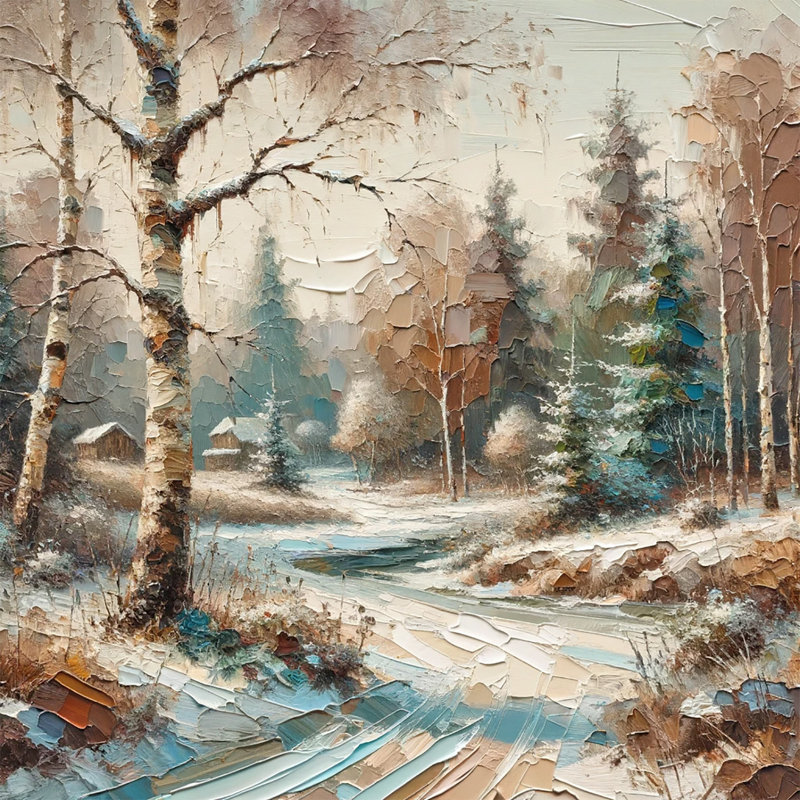 Rustic Winter Charm: Paysage de neige texturé avec bouleaux sur toile, H 20 po x l 20 po x P 1,5 po