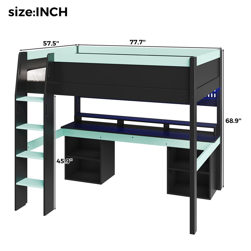 Lit mezzanine double avec lumières DEL multicolores, panneau perforé, bureau intégré et rangement, noir et bleu, Blue