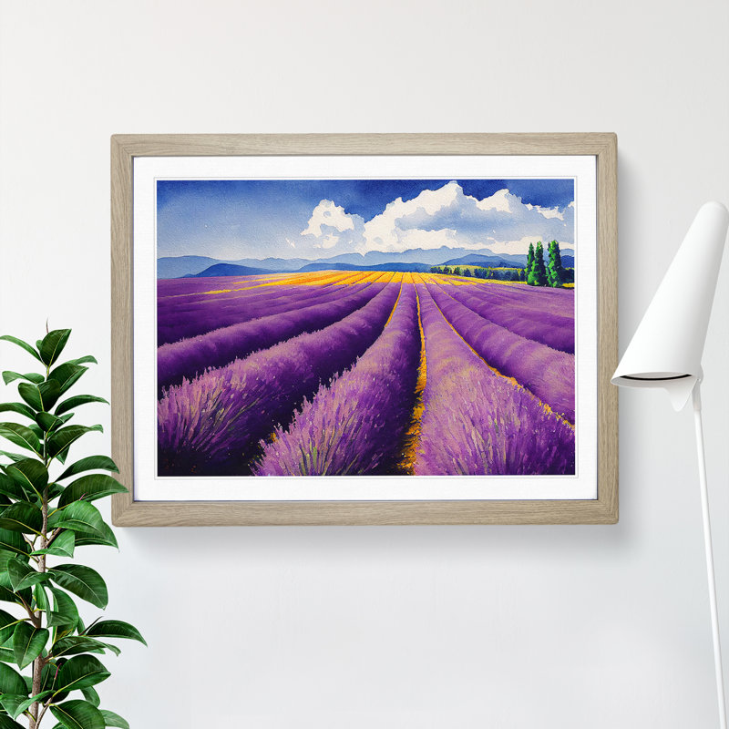 Watercolour Lavender Field Vol.6 - Single Picture Frame Print, 25cm H x 34cm W x 2cm D, Oak