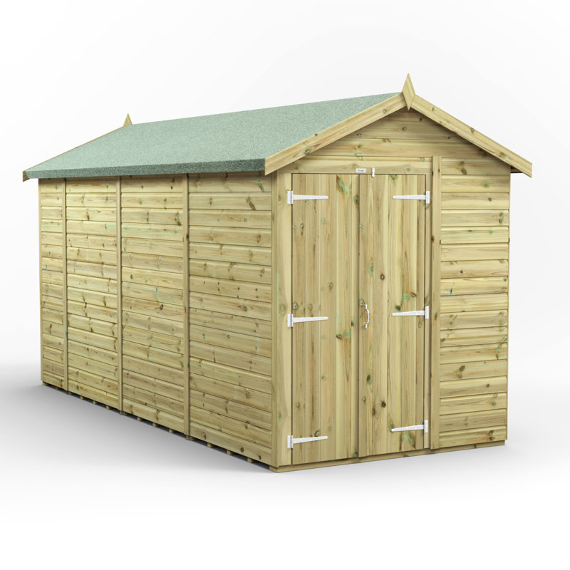Powersheds 14 x 6ft Premium Pressure Treated Timber Windowless Apex Garden Shed, Double Doors