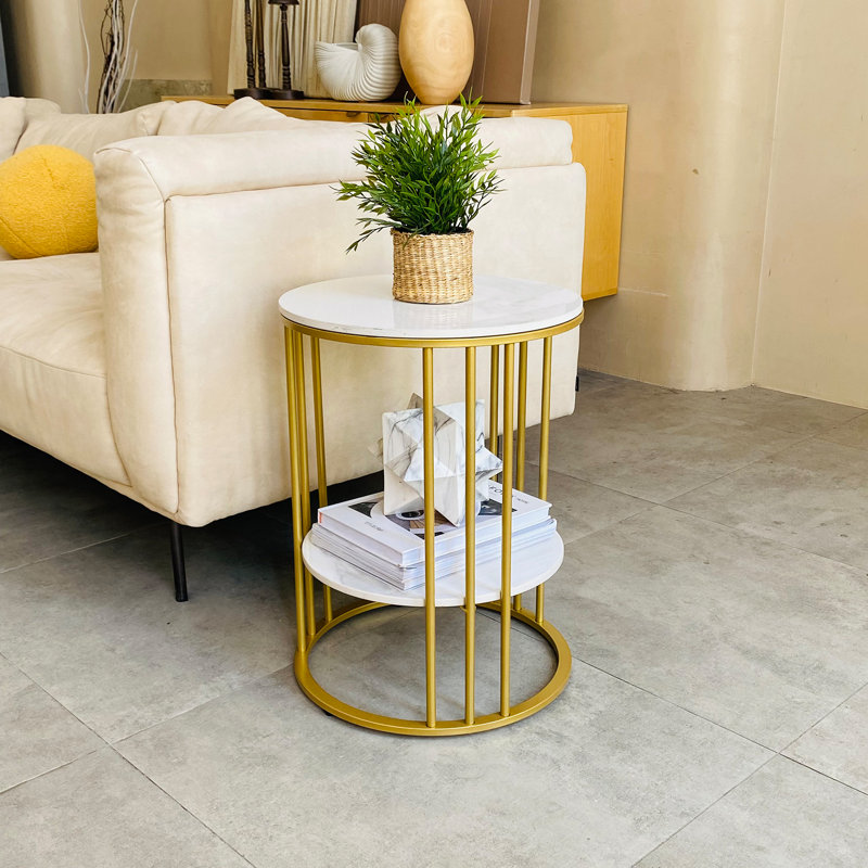 White Stone Side End Table 2-Tier Round Bedside Table With Storage Shelf