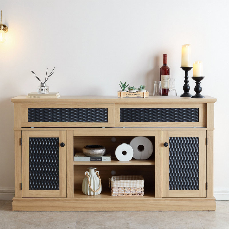 Meuble télé 58,5 po en relief pour téléviseur de 65 po ou moins, console multimédia avec tablette réglable et porte coulissante, rangement spacieux, armoire à poissons pour le salon et le centre de divertissement