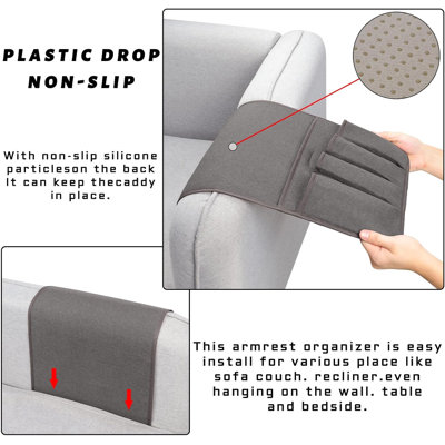 Porte-télécommandes pour fauteuils, support pour canapé, avec bases antidérapantes | Pochette de rangement de chevet à 5 poches pour porte-télécommande, tablette pour téléphone, magazines, magazines pour les personnes âgées (gris foncé, 35 po x 12,4 po)
