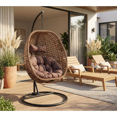 Charlie-Jade Modern Indoor / Outdoor Wicker Egg Chair with Stand, Natural PE Rattan Teardrop Swing Chair with UV-Resistant Cushion for Patio & Living Room