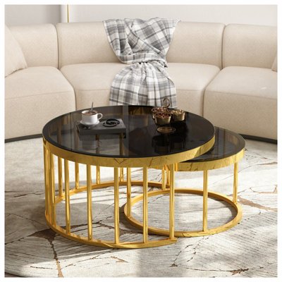 Ensemble de 2 tables basses gigognes rondes avec dessus en verre trempé et structure en métal doré