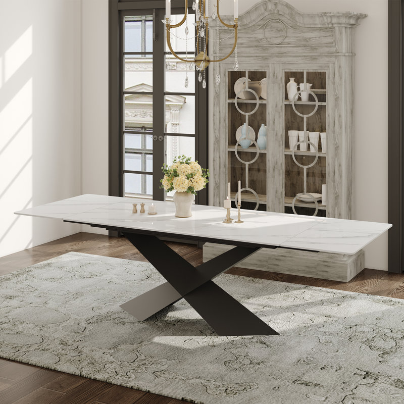 63''-94'' Expandable Dining Table for 4-8, White Sintered Stone Kitchen Table with Black Stainless Steel Base
