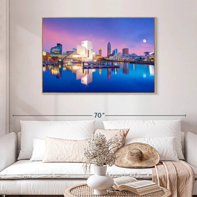 Horizon du centre-ville de Cleveland, Cadre flottant en bois naturel, 46 po x 31 po