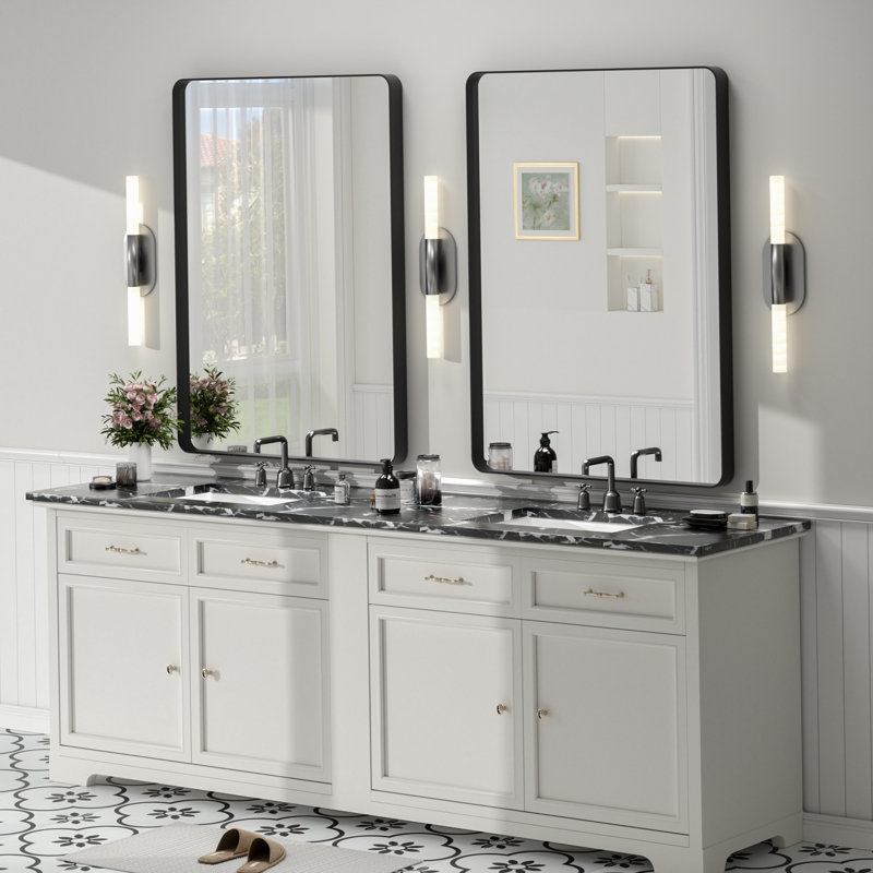 Molly Tempered Glass and Metal Framed French Cleat Mounted Wall Bathroom / Vanity Mirror, Black, 44'' x 32''