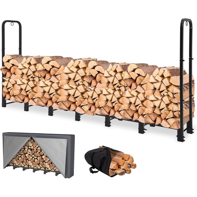 Support à bûches en métal pour l'extérieur de 8 pi avec couvercle, H 47,24 po x l 94,48 po x P 11,81 po