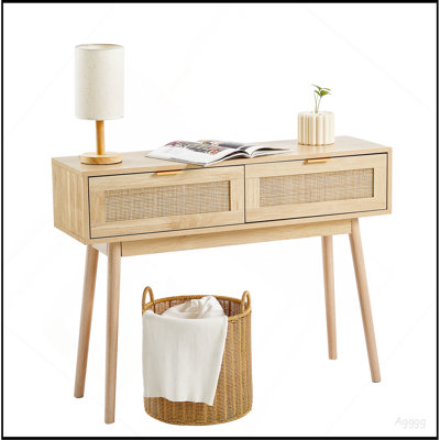 Console en rotin avec 2 tiroirs de rangement, table d'entrée en rotin avec porte coulissante en rotin naturel, table console pour salon, bureau, entrée ou mur de télévision, naturel