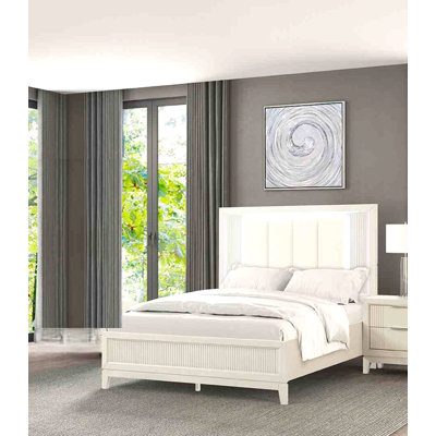 Contemporary 1Pc Queen Size Bed LED Headboard Accent Fluted Design FB Bedroom Furniture Antique White