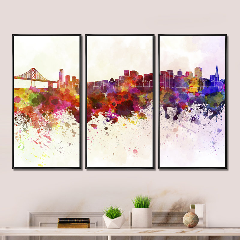 San Francisco Skyline - 3 pièces, cadre flottant, impression sur toile, Cadre noir, L 36 po x H 28 po