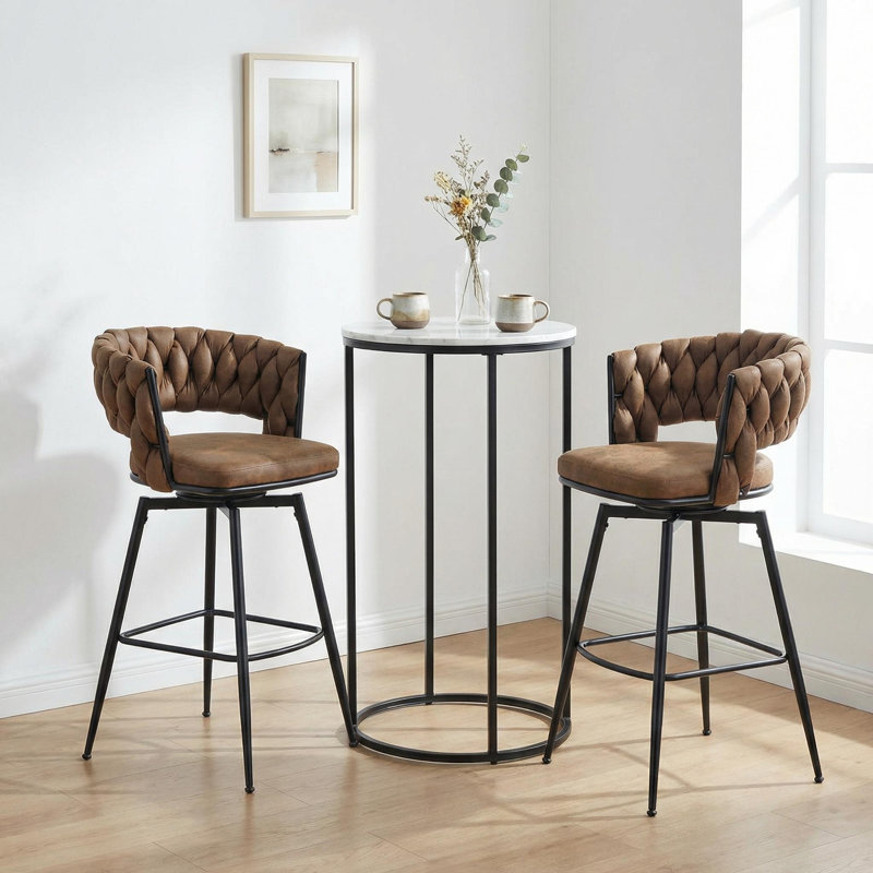 28" Swivel Bar Stools Set Of 2 – Faux Leather Counter Stools With Woven Backrest, Metal Base & Footrest, Brown