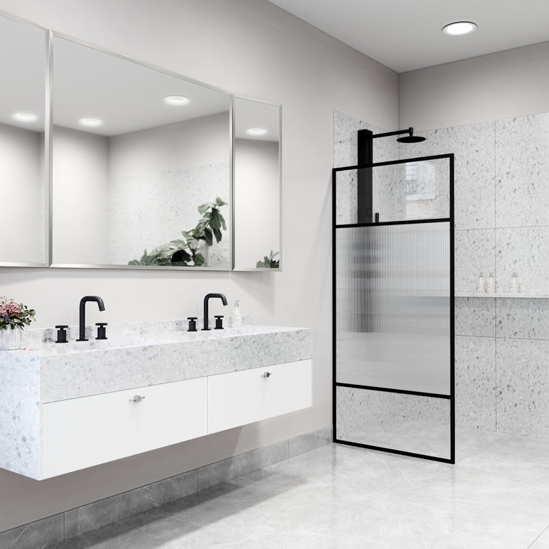 Essex 34" W x 74" H Fixed Framed Shower Screen with 3/8" Striped Fluted Glass, Matte Black