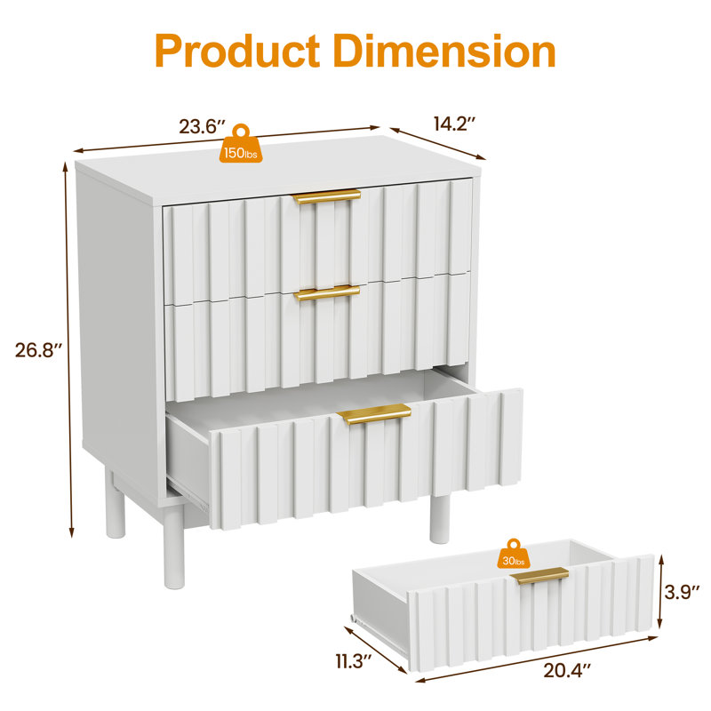 3 Drawer Dresser With Fluted Panel Design, White