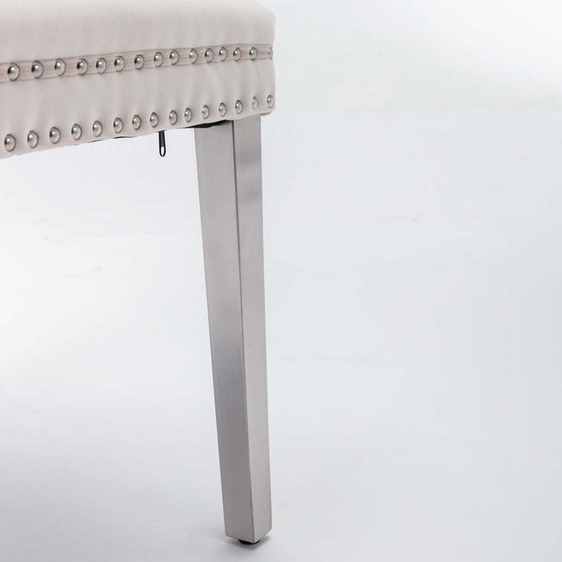 Chaise de salle à manger rembourrée en velours moderne avec anneau à tirer (ensemble de 2), Beige, Chrome chrome