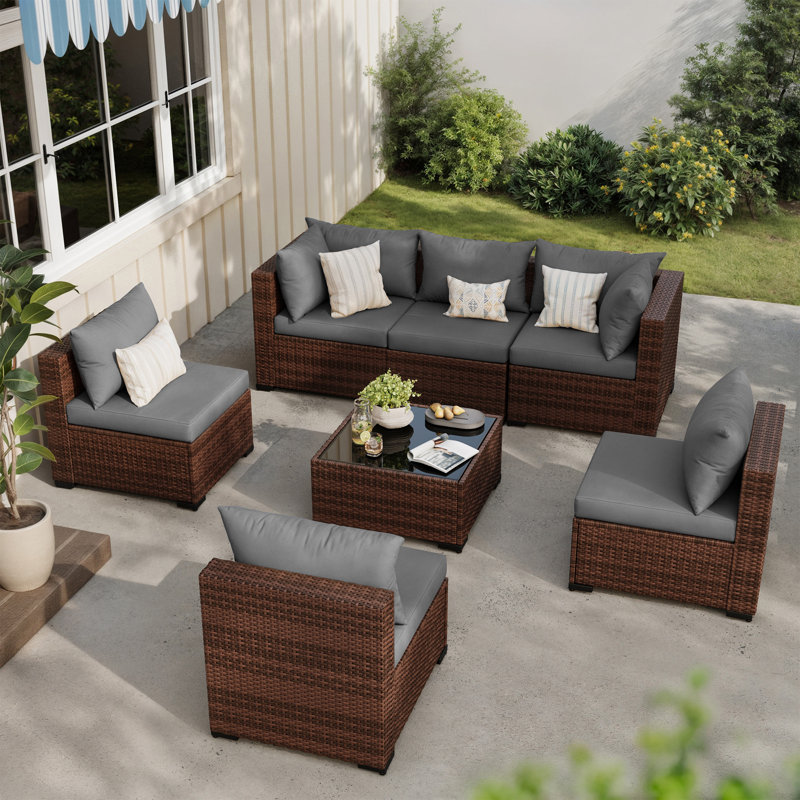 Ensemble de conversation de patio 7 pièces avec table basse et coussins, Gris, Brun