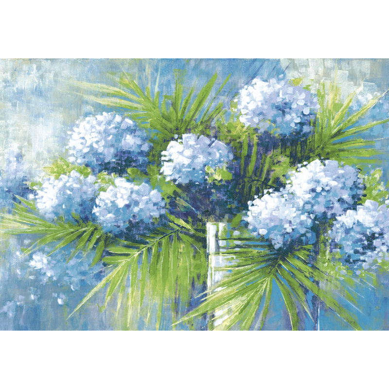 Blue Flowers Green Leaves - Painting Print, 30 cm H x 46 cm W, Black Floater Framed