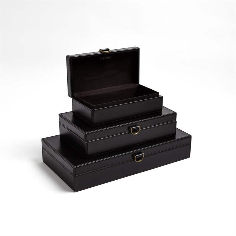 Marbled Leather D Ring Box, 3.25" H x 9" W x 17" D, Black