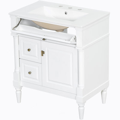 Bathroom Vanity With Sink, Freestanding Wooden Cabinet With Flip Drawer And Adjustable Shelf