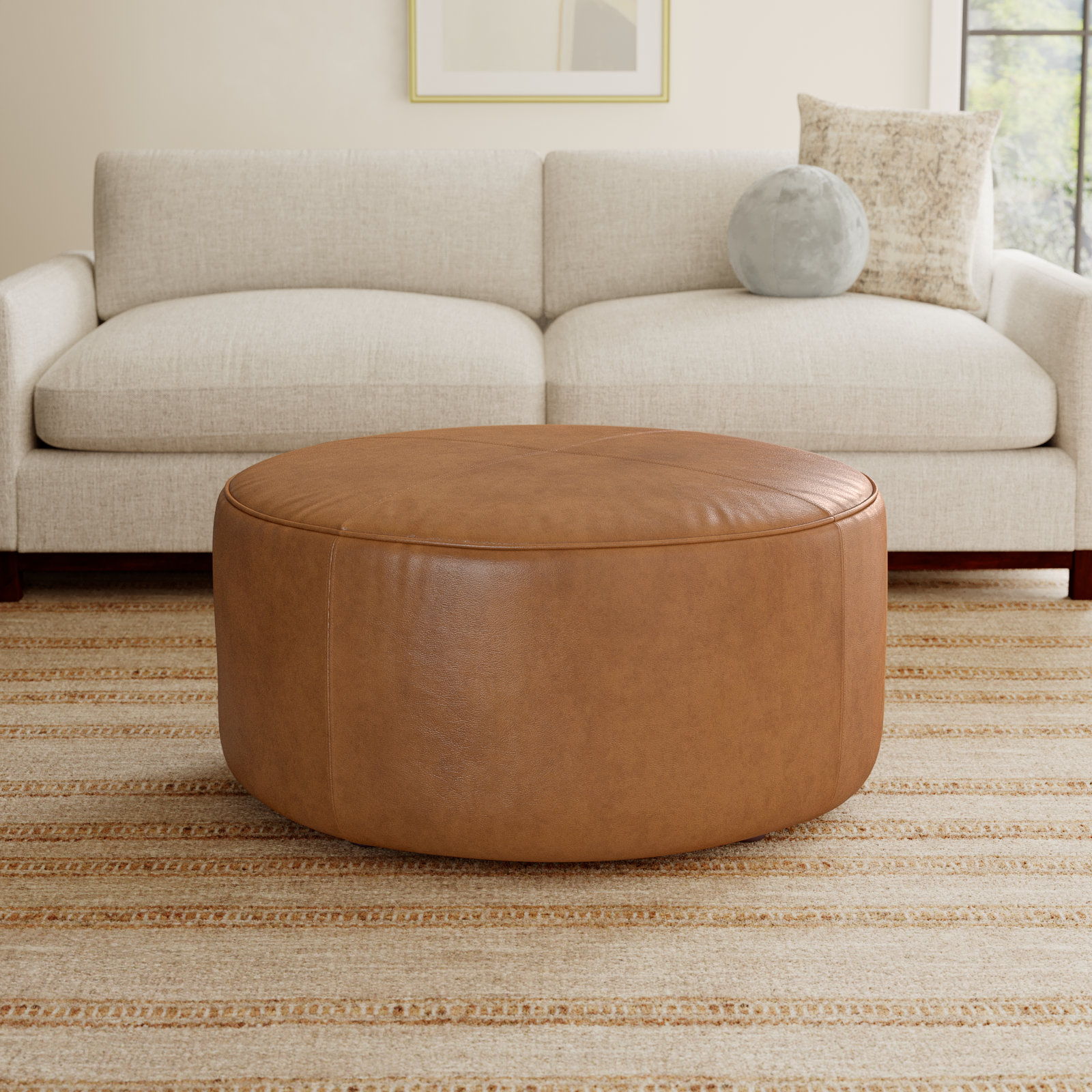 Murano 37" Genuine Leather Round Ottoman, Steamboat Caramel Genuine Leather