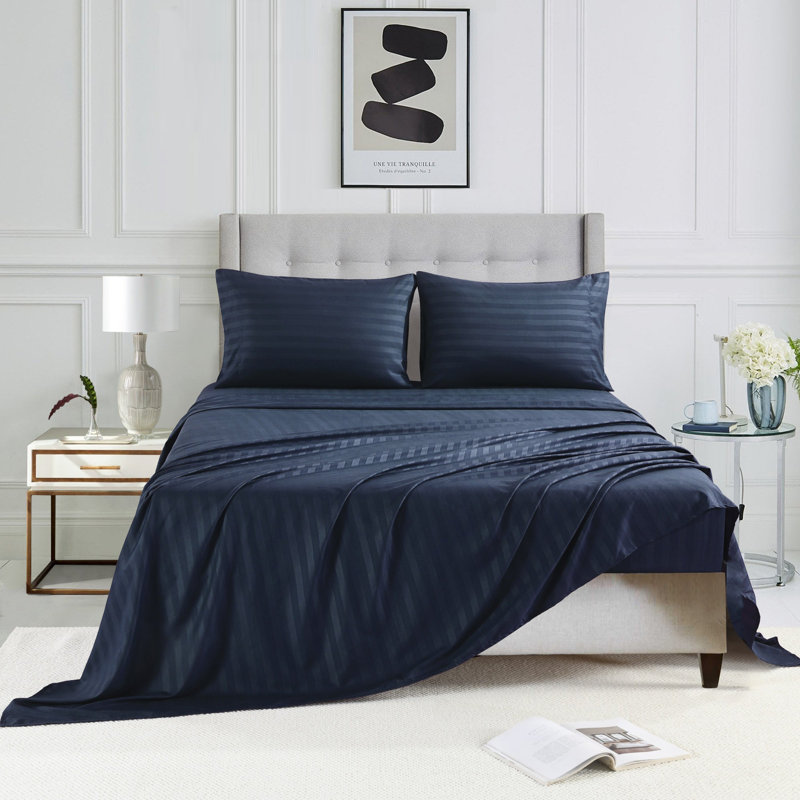 3/4 Pcs Luxury Striped Bed Sheets Set, Blue, Twin Sheet Set with 1 Pillowcase