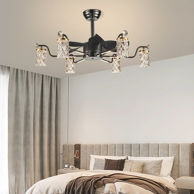 35.43" Luxury LED Dimmable Ceiling Fan with 6 Light and Remote, Black