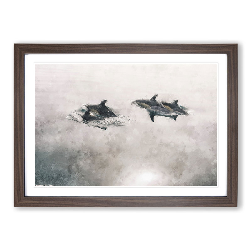 Swimming Dolphins - Picture Frame Painting, Walnut Framed, 36cm H x 48cm W x 2cm D