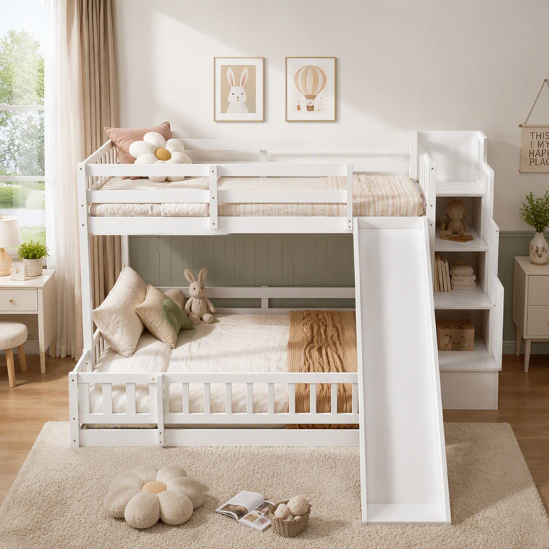 Lit superposé avec glissade, escalier de rangement et barrières de sécurité pour enfants, Double, Blanc