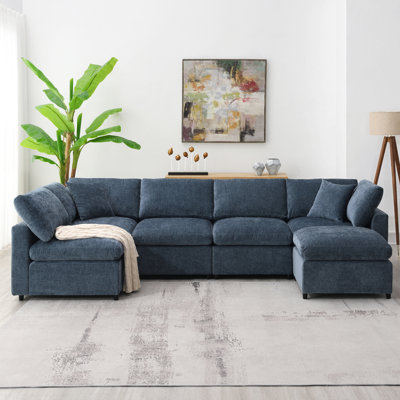 130*65" Modern Modular Cloud Sofa Bed, 6 Seat Chenille Sectional Couch Set With Ottoman,Free Combination,Convertible U Shaped Sleeper Sofa For Living Room, Apartment