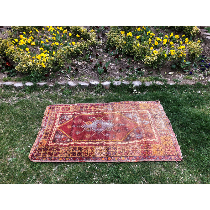 Tapis turc rétro Oushak - idéal pour les décors bohémiens dans le salon ou la chambre à coucher