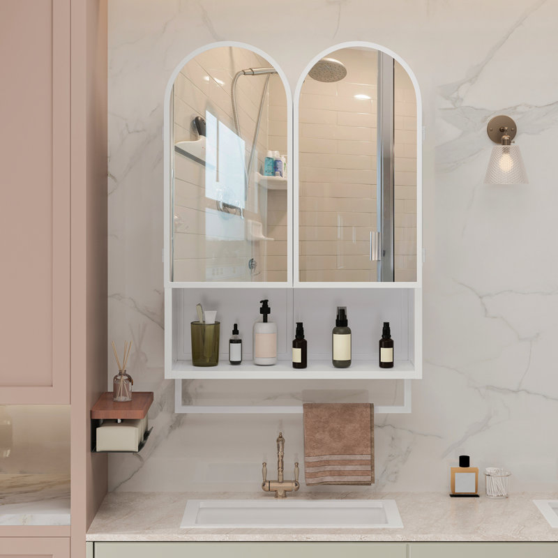 23.62" Modern Double-Arched Mirror Cabinet,2 Doors Medicine Cabinet, Metal Wall Cabinet With Adjustable Shelves And Towel Rack, Mirror Cabinet With Storage For Bathroom, Living Room And Bedroom, White