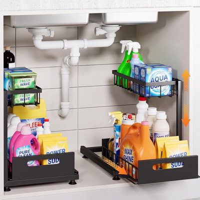 Ensemble de 2 organisateurs sous le lavabo en forme de L, support de rangement coulissant pour armoire à 2 niveaux, tiroirs à grille coulissante en acier à hauteur réglable avec doublures, noir