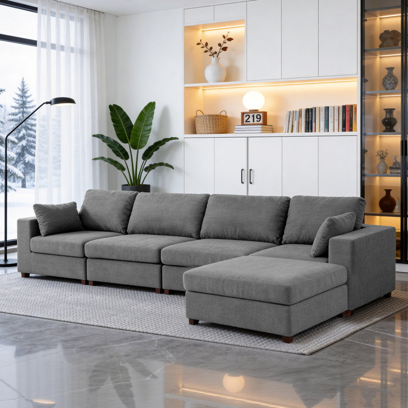 Canapé d'angle rembourré avec 1 repose-pieds, Chenille gris pâle, H 26 po x l 151,1 po x P 37,8 po